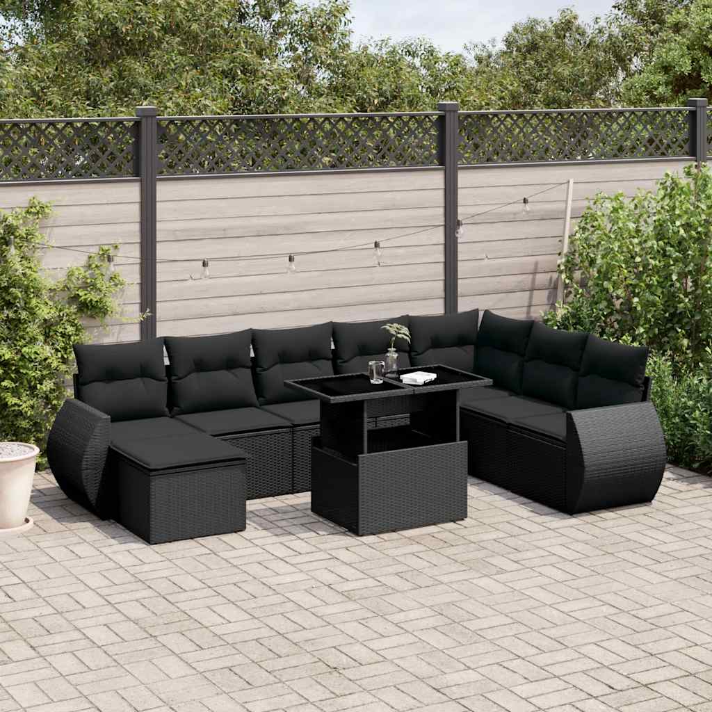 9 Pcs conjunto de sofás p/ jardim c/ almofadões vime PE preto
