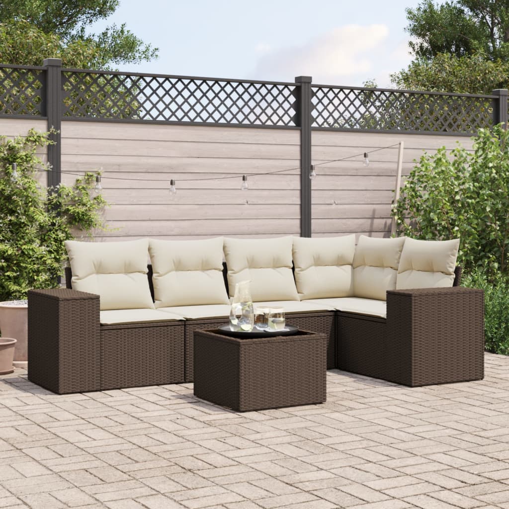 6 Pcs conjunto de sofás jardim c/ almofadões vime PE castanho