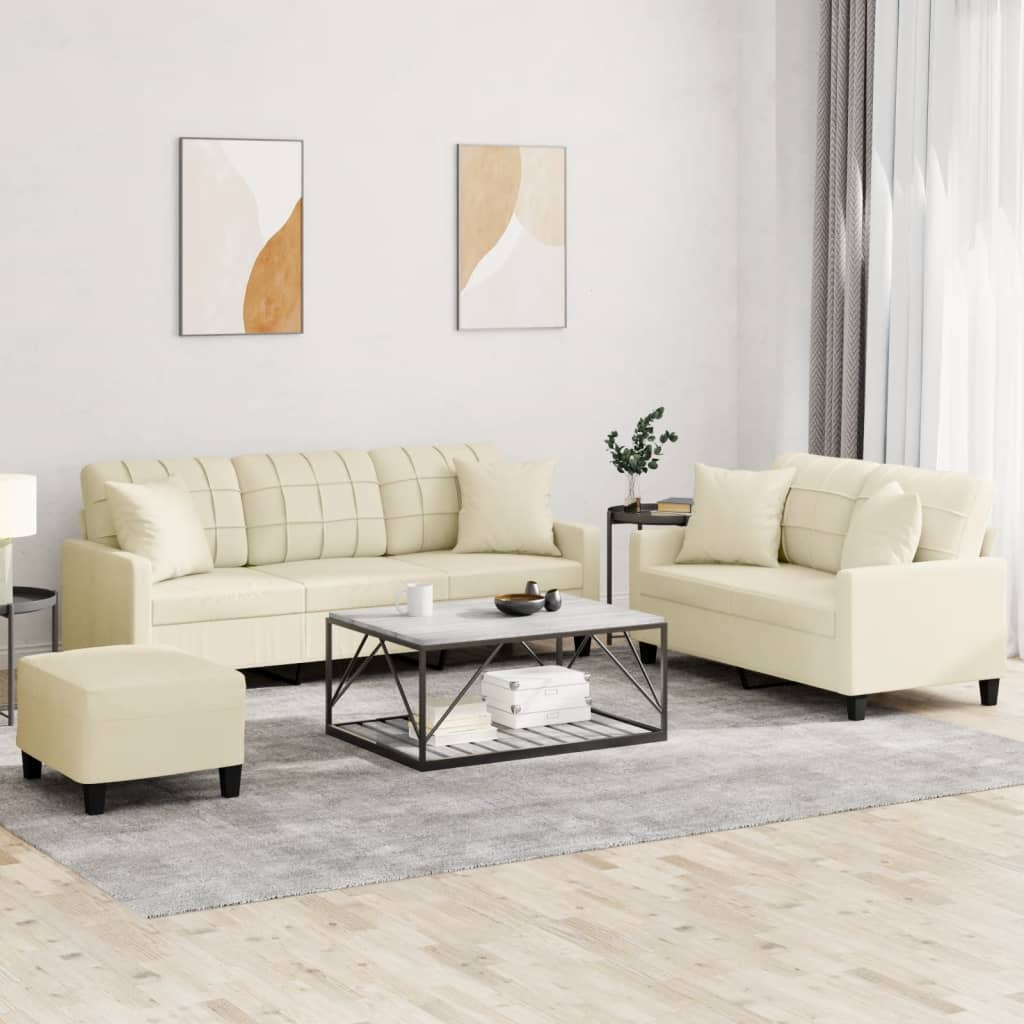 3 Pcs conjunto de sofás com almofadas couro artificial creme