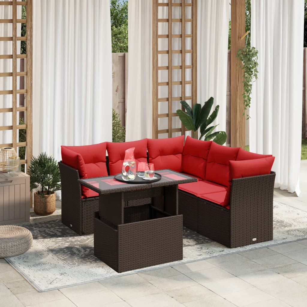 Conjunto de sofá de jardim com 6 peças e almofadas em rattan sintético marrom