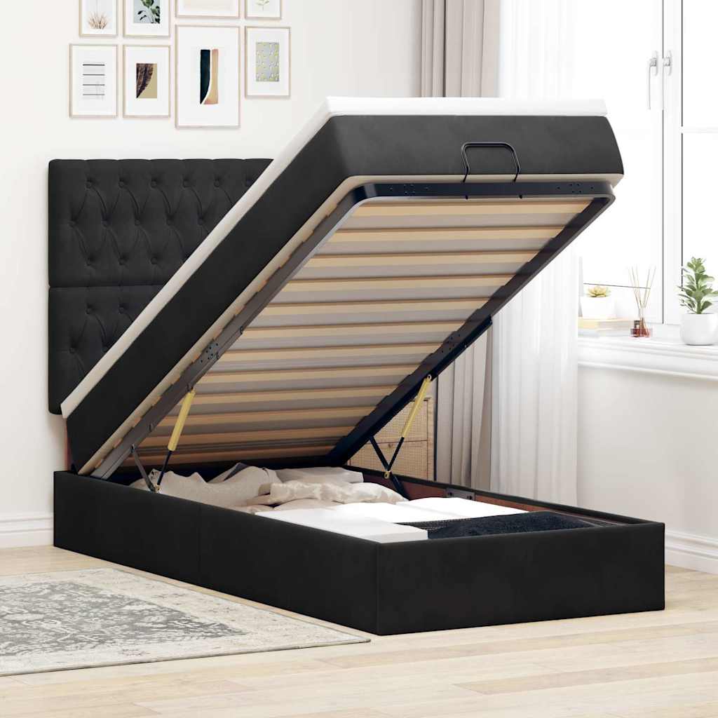 Estrutura de cama otomana com colchões preto 100x200cm veludo