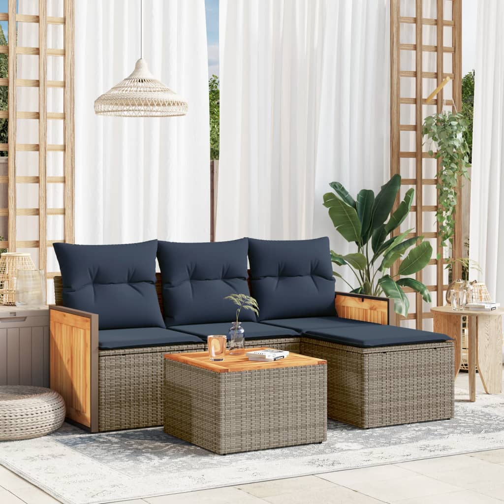 Conjunto de sofá de jardim de 5 peças com almofadas em rattan sintético cinza