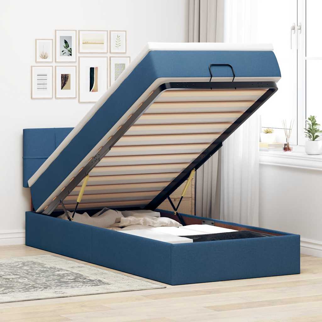 Cama otomana com colchão & leds tecido azul 100x200 cm