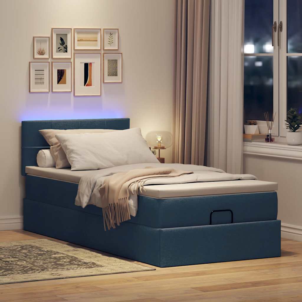 Cama otomana com colchão & leds tecido azul 100x200 cm