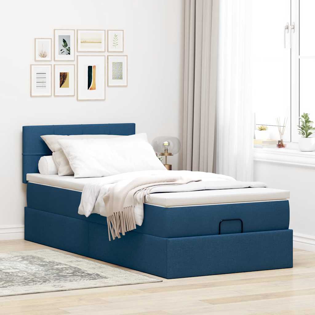 Cama otomana com colchão & leds tecido azul 100x200 cm