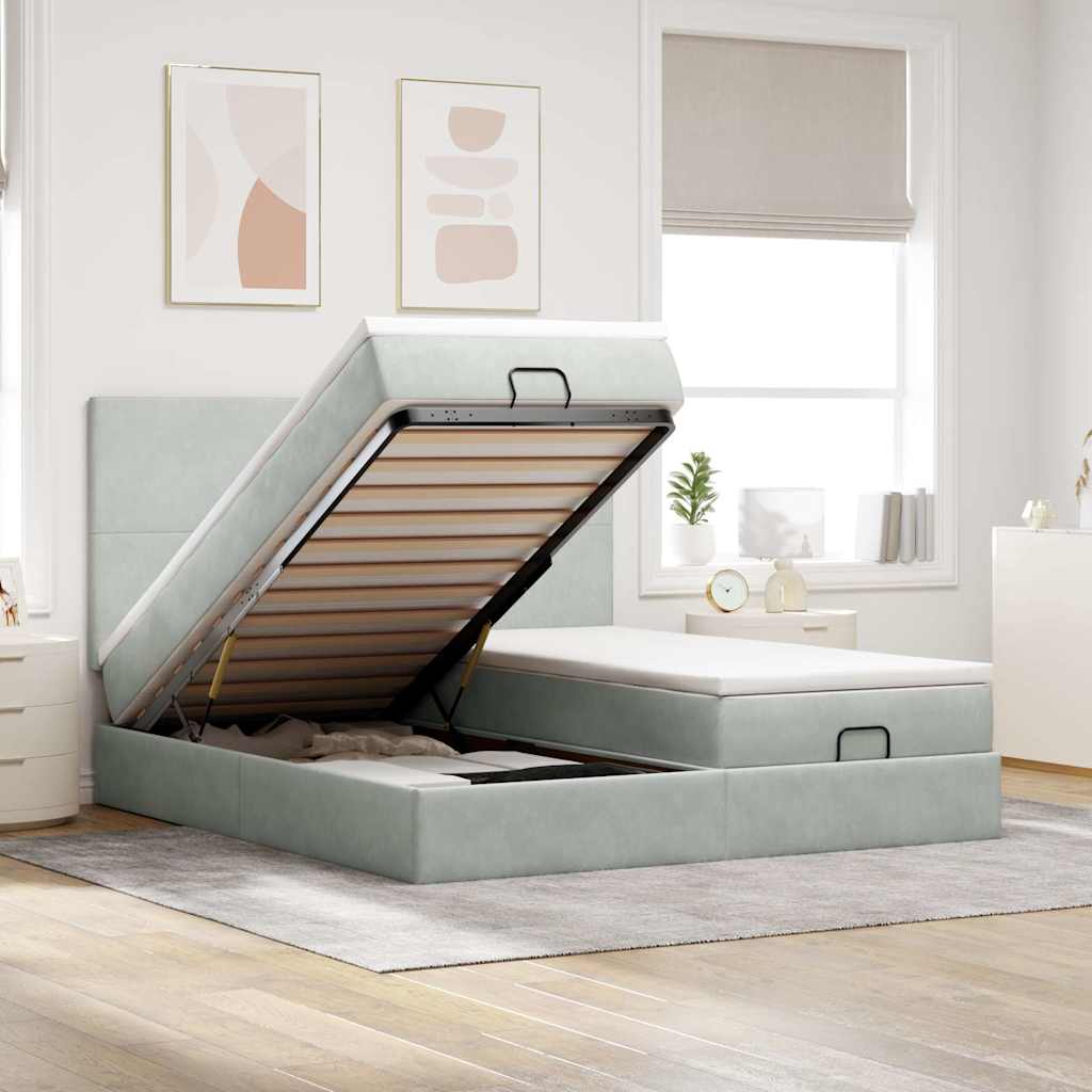 Estrutura cama otomana colchões 160x200cm veludo cinzento claro
