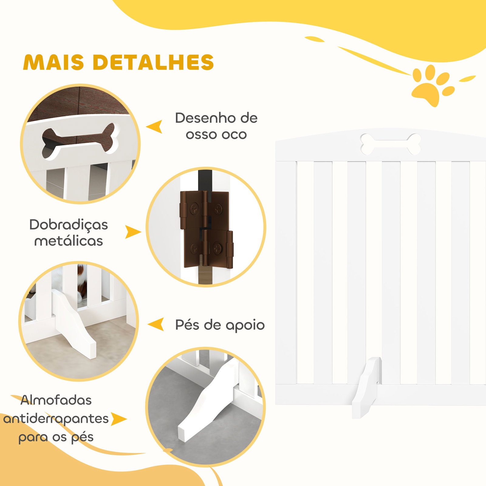 Barreira de segurança para cães pequenos e médios 207,5x30x61 cm dobrável com pés amovíveis para escada corredor branco