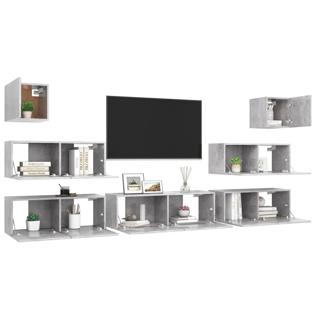 7 Pcs conjunto móveis TV derivados de madeira cinzento cimento