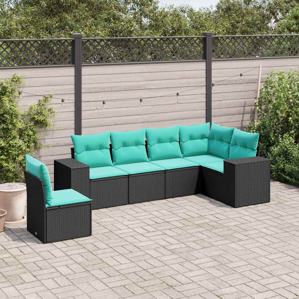 Conjunto de sofá de jardim com 6 peças e almofadas em rattan sintético preto