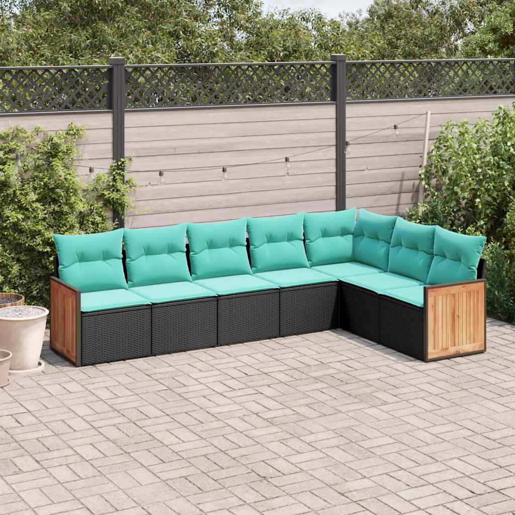 Conjunto de sofá de jardim com 7 peças e almofadas em rattan sintético preto