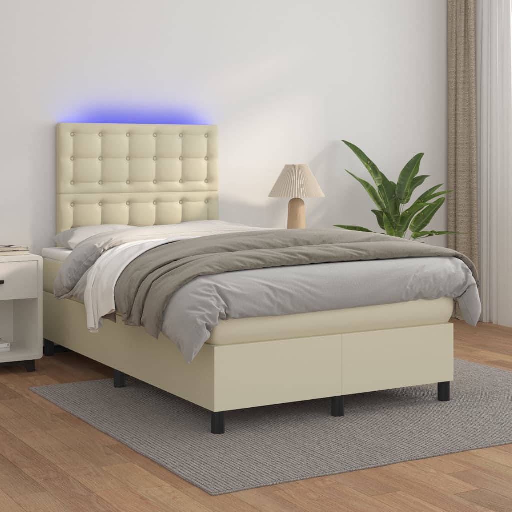 Cama box spring c/ colchão/LED 120x200cm couro artificial creme