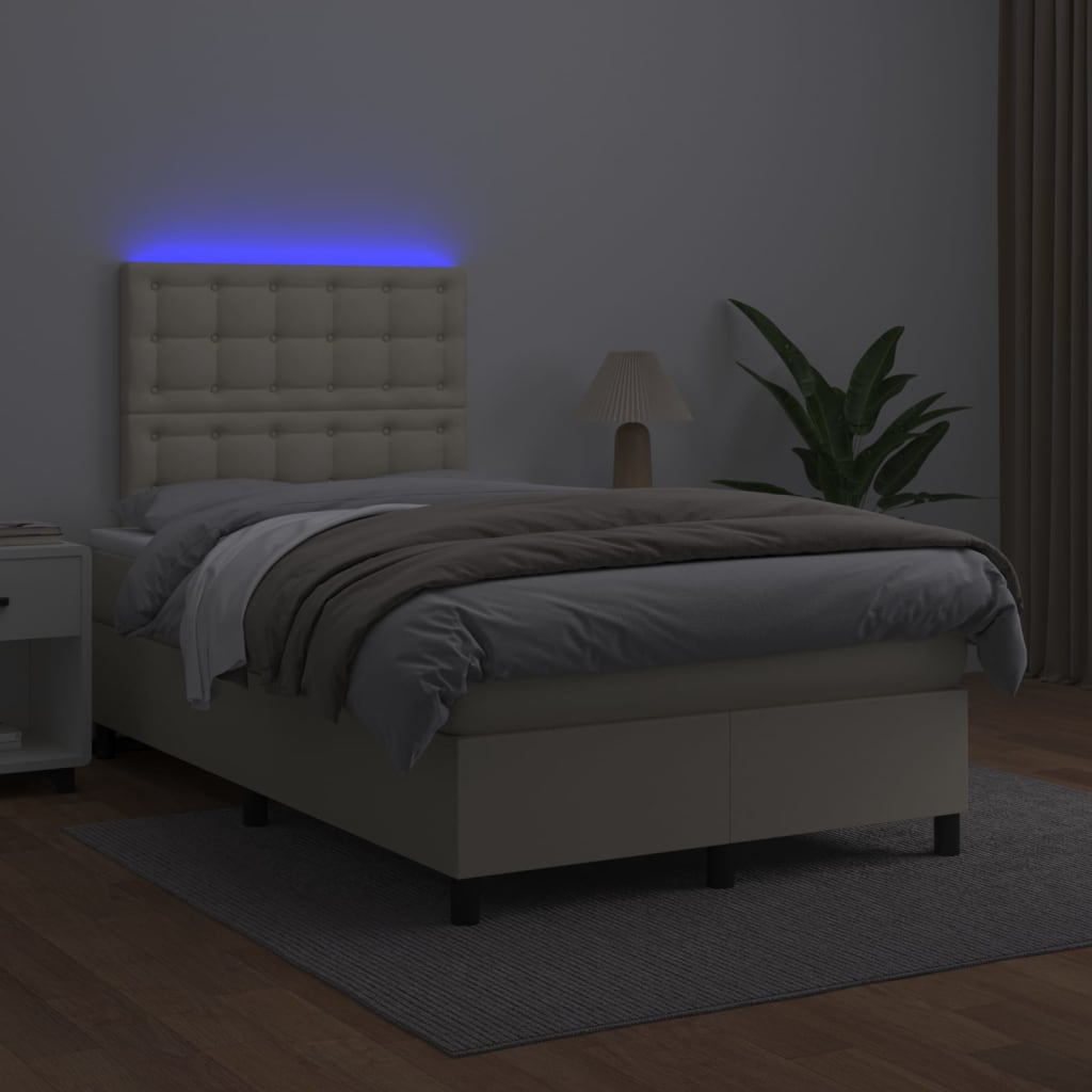 Cama box spring c/ colchão/LED 120x200cm couro artificial creme