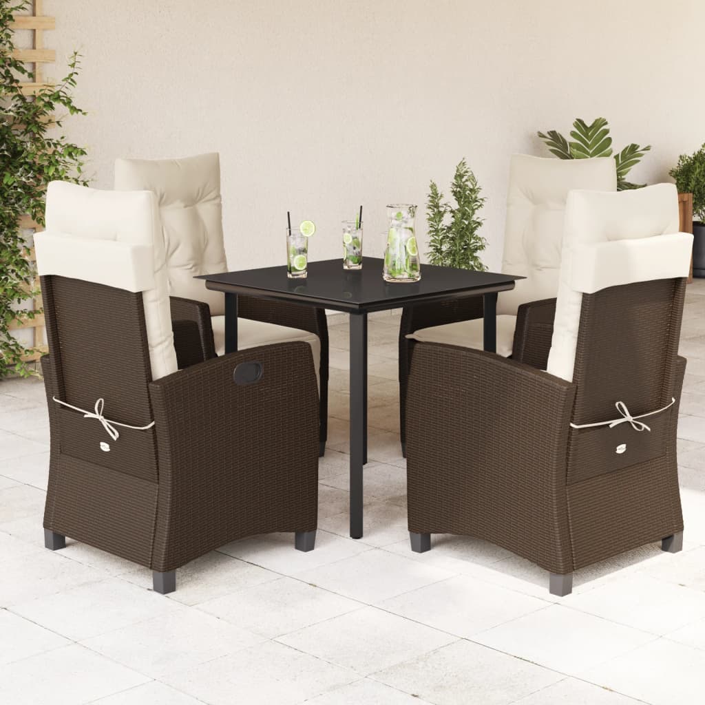 5 Pcs conjunto jantar p/ jardim c/ almofadões vime PE castanho