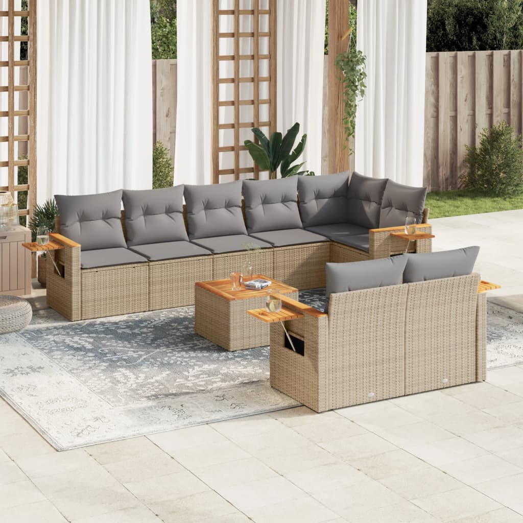 9 Pcs conjunto sofás p/ jardim com almofadões vime PE cinzento