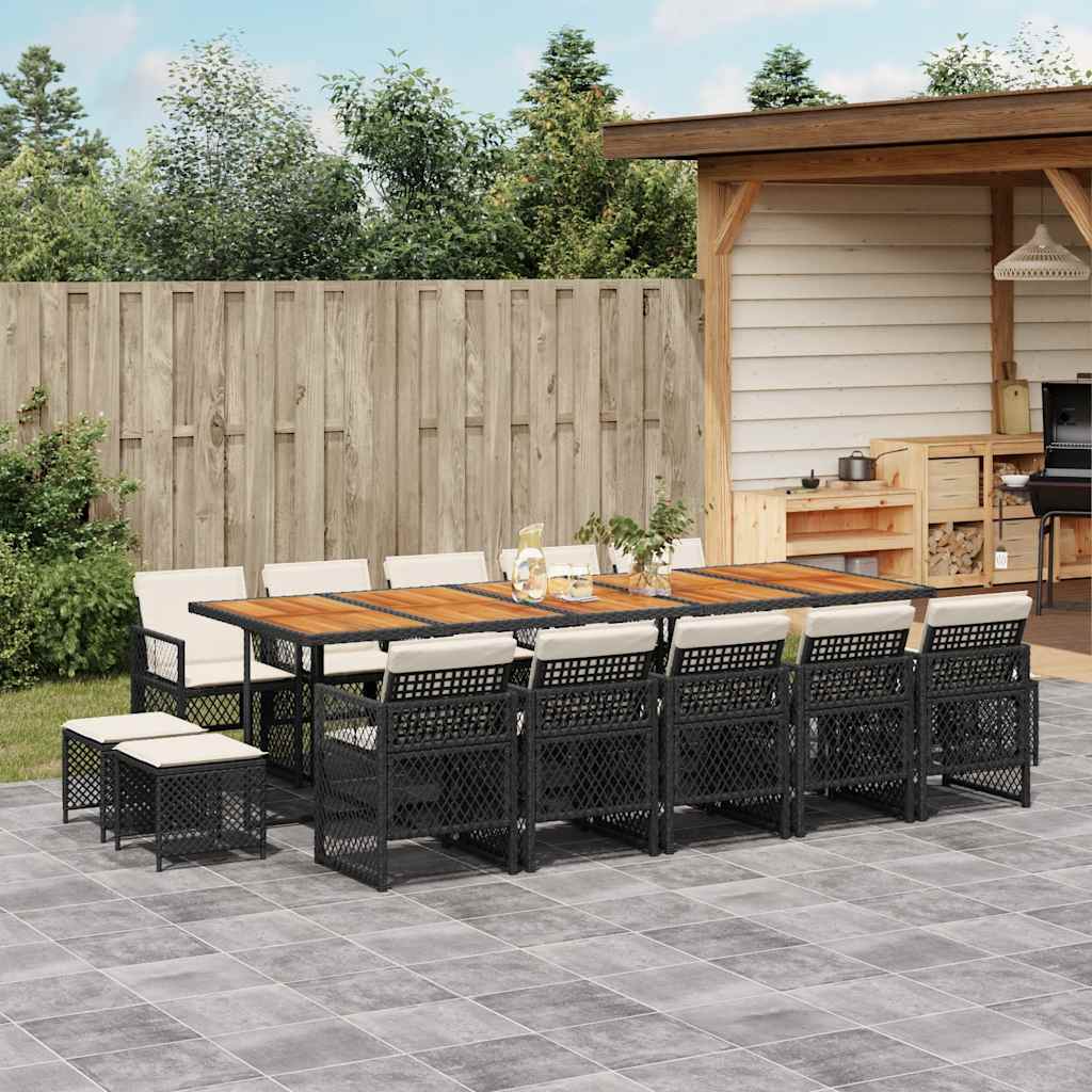 15 Pcs conjunto de jantar p/jardim com almofadões vime PE preto