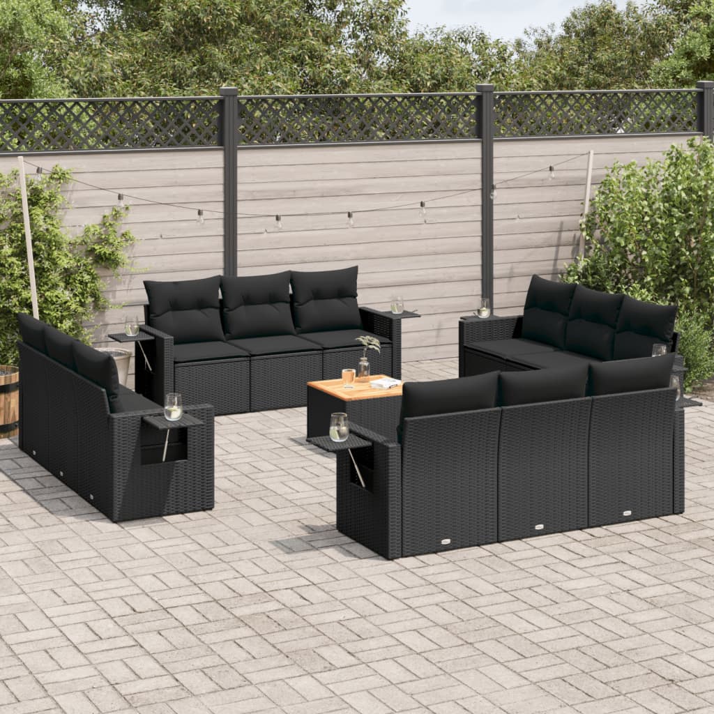 13 Pcs conjunto de sofás de jardim com almofadões vime PE preto