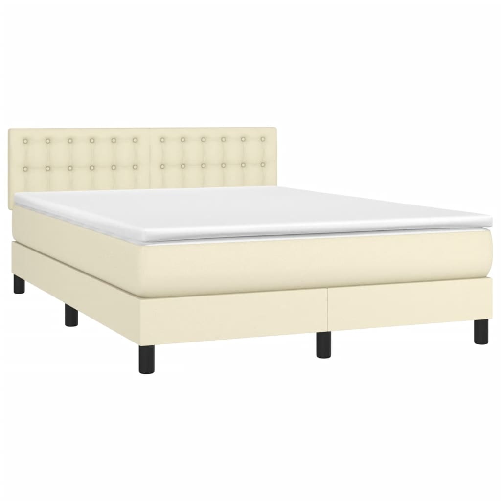 Cama box spring c/ colchão/LED 140x200cm couro artificial creme