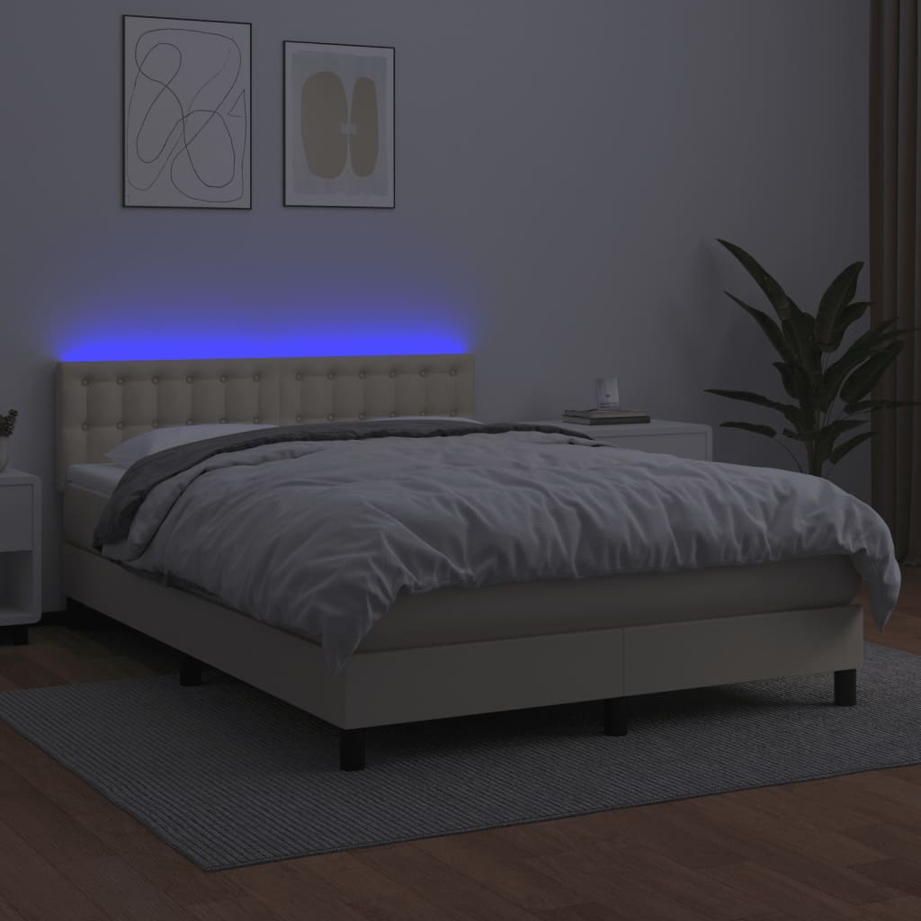 Cama box spring c/ colchão/LED 140x200cm couro artificial creme