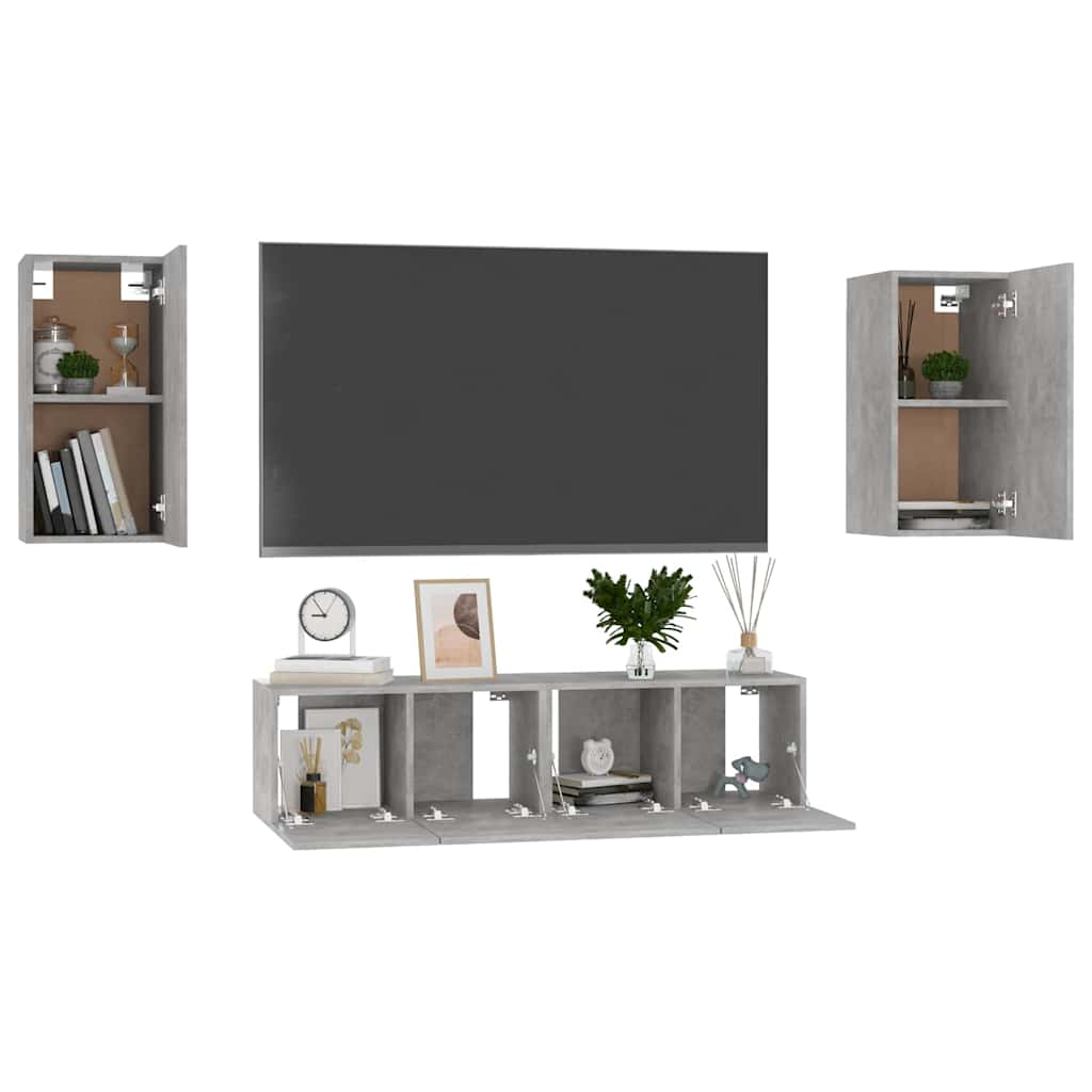 4 Pcs conjunto de móveis de TV contraplacado cinzento cimento