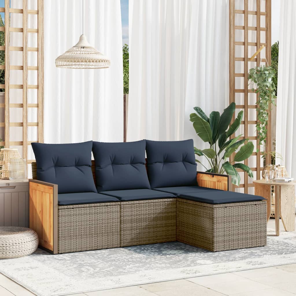 Conjunto de sofá de jardim com 4 peças e almofadas em rattan sintético cinza