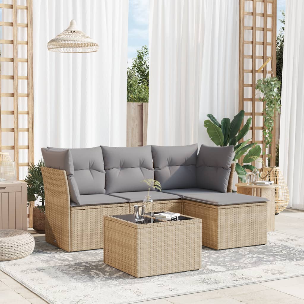 5 Pcs conjunto de sofás p/ jardim com almofadões vime PE bege