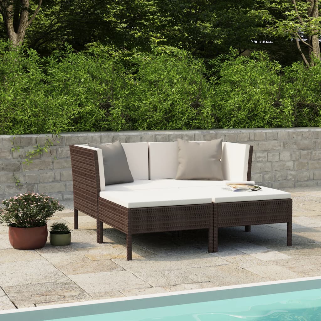 4 Pcs conjunto lounge jardim c/ almofadões vime PE castanho