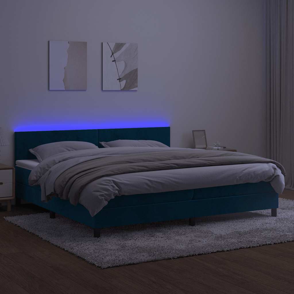 Cama box spring c/ colchão/LED 200x200 cm veludo azul-escuro