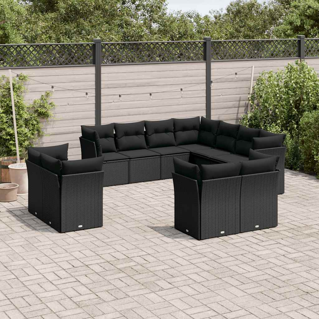 11 Pcs conjunto sofás de jardim c/ almofadões vime PE preto