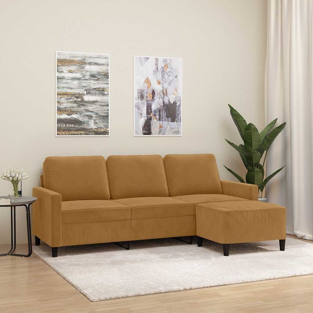 Sofá de 3 lugares com apoio de pés 180 cm veludo castanho