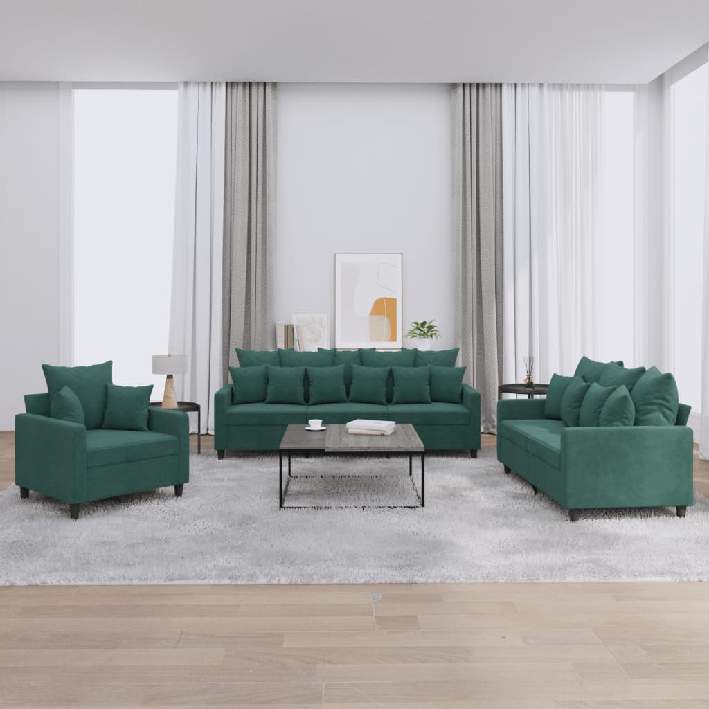 3 Pcs conjunto de sofás com almofadões veludo verde-escuro