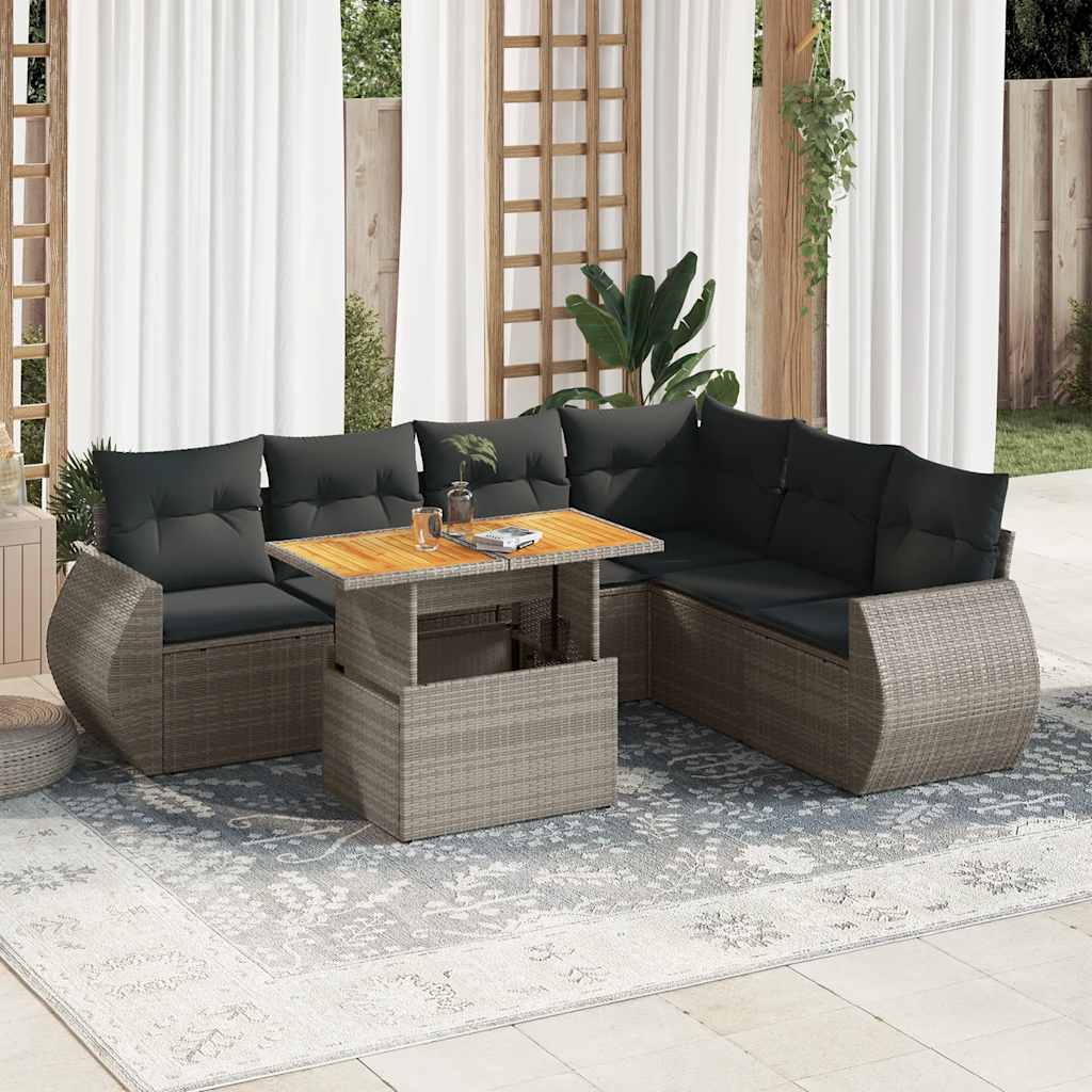 7 Pcs conjunto sofás p/ jardim c/ almofadões vime PE cinzento