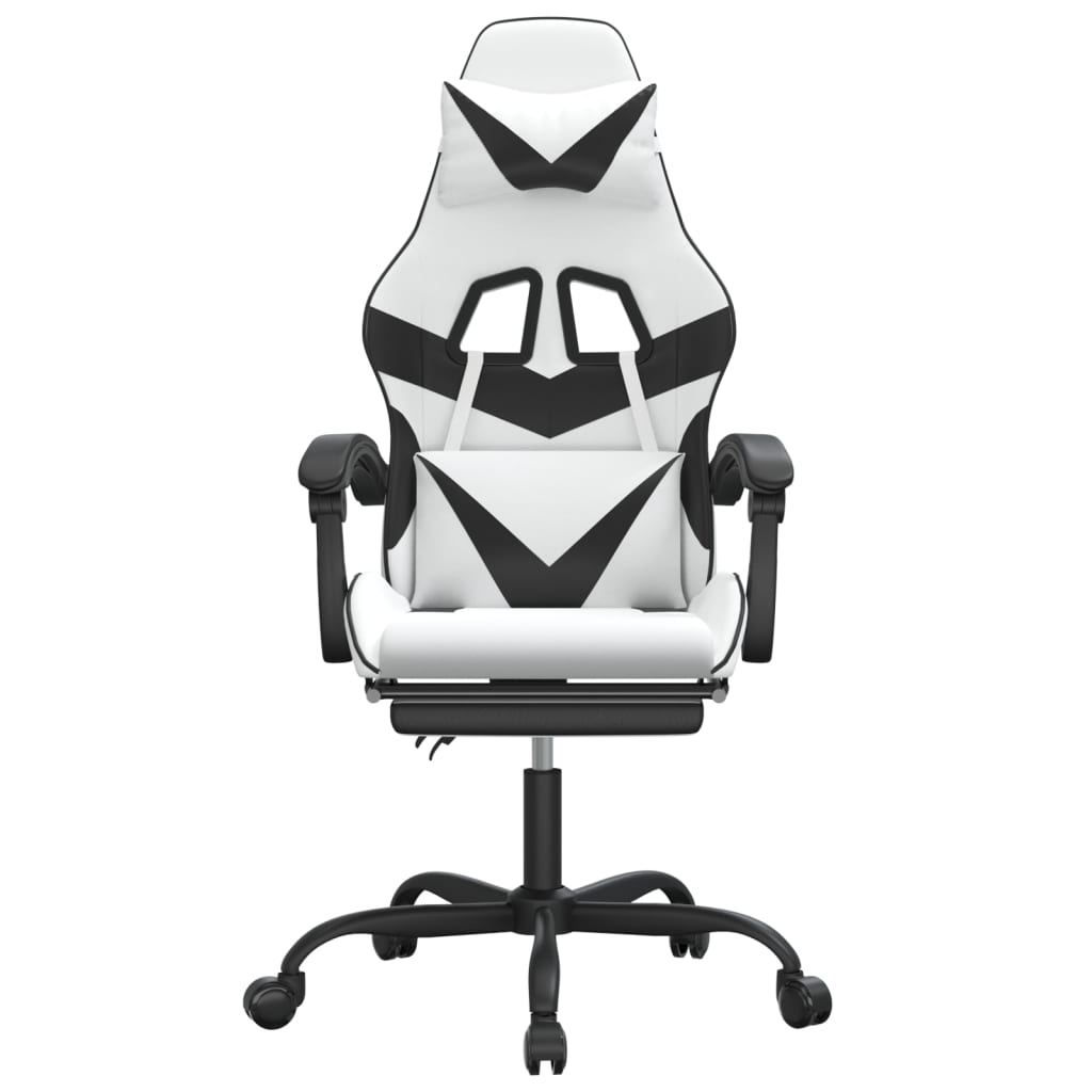 Cadeira gaming giratória c/ apoio pés couro artif. branco/preto