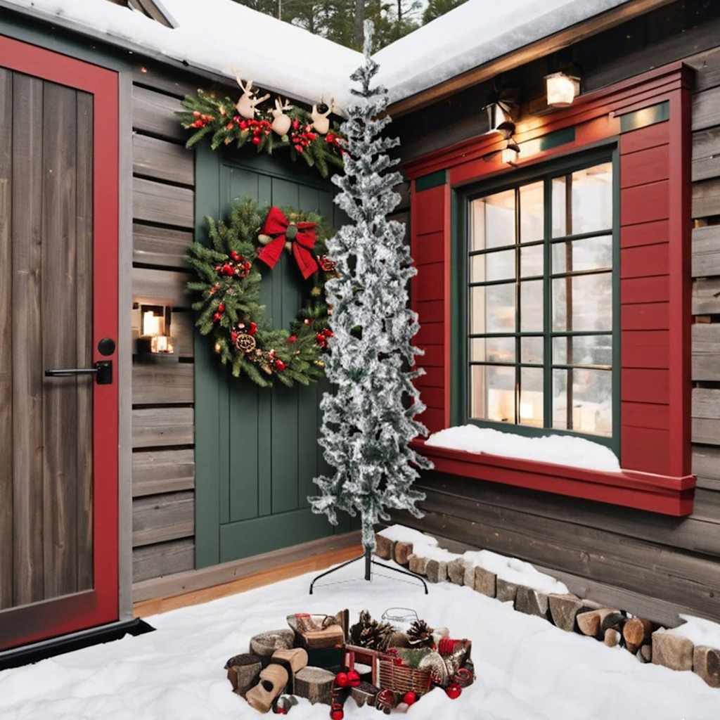 Meia árvore de natal fina com flocos de neve 240 cm