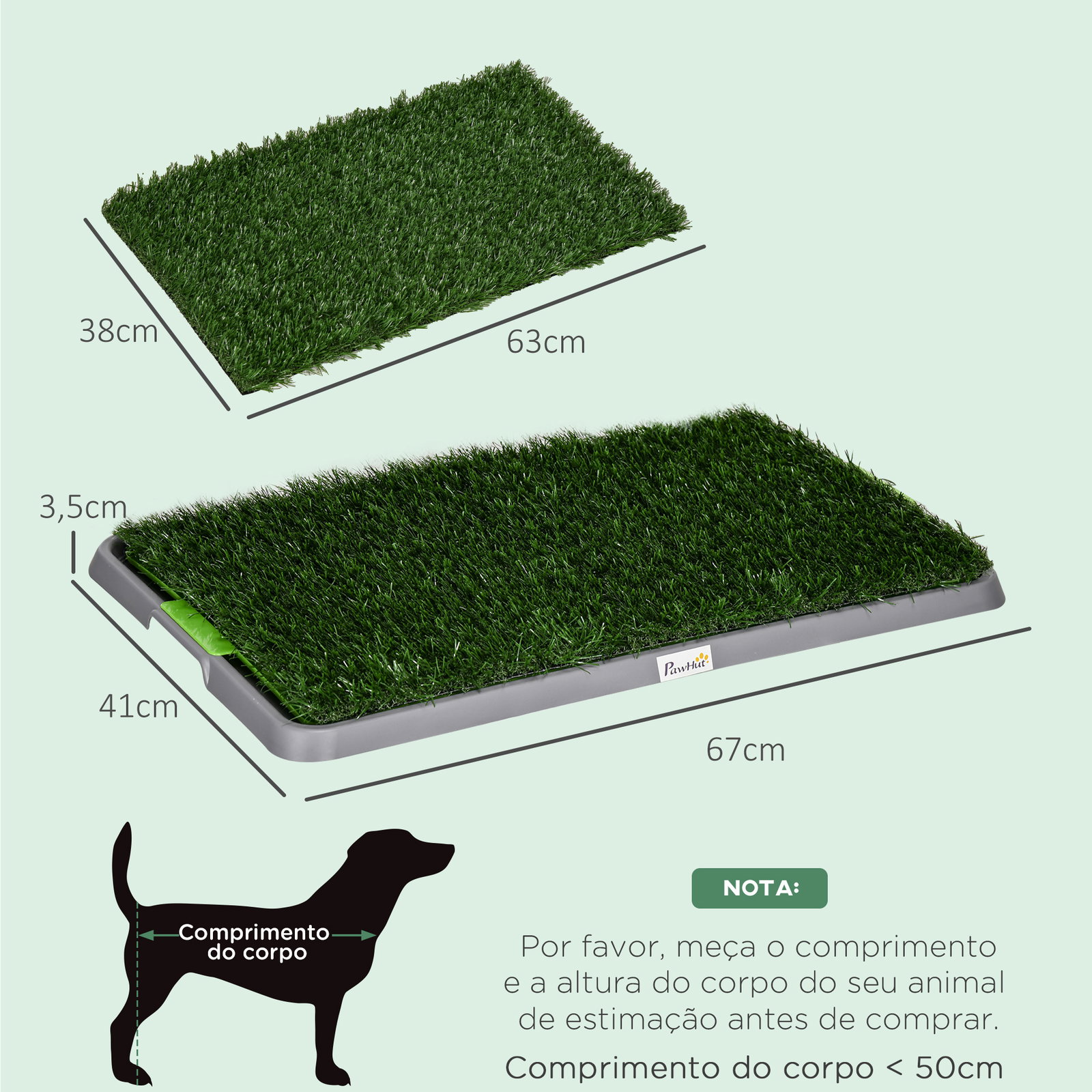 Resguardo de treino para cães com 2 relvas artificiais e bandeja para treino de filhotes 67x41x3,5 cm verde