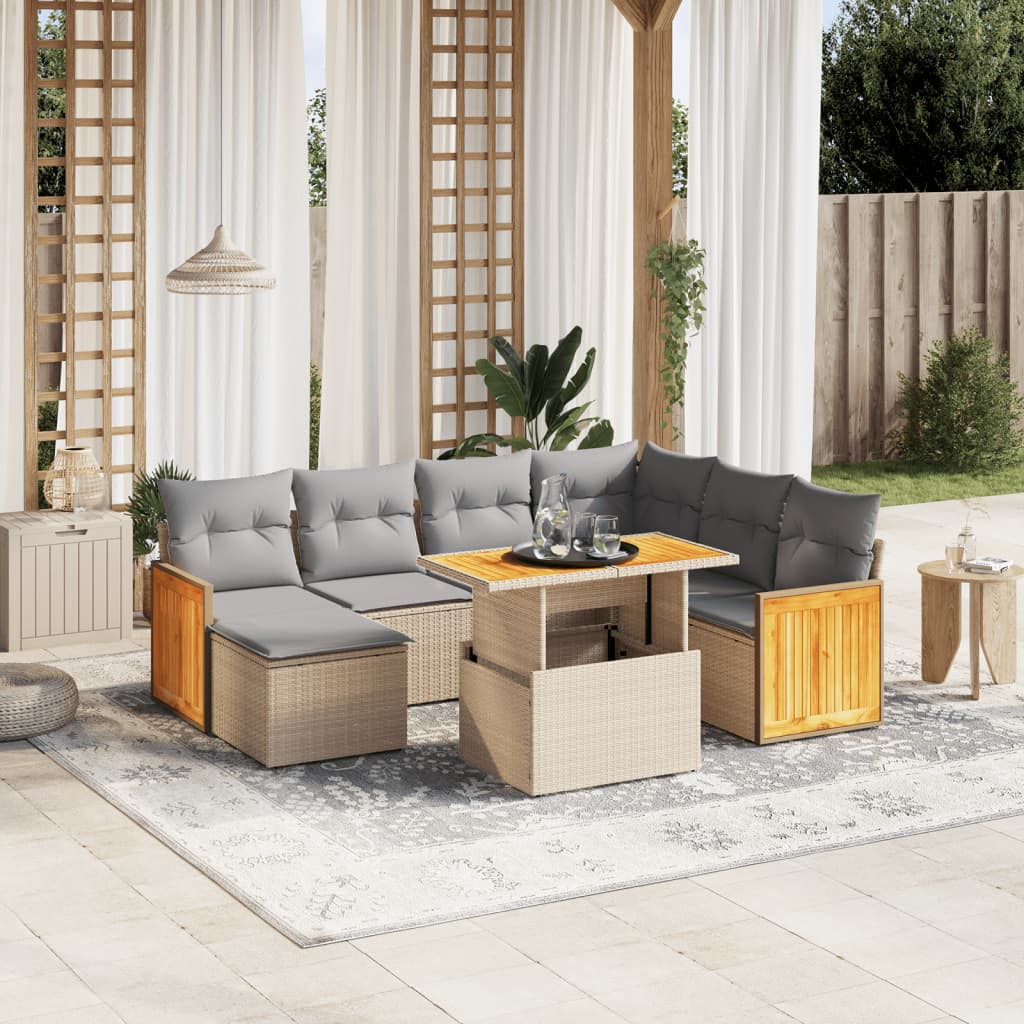8 Pcs conjunto de sofás p/ jardim com almofadões vime PE bege
