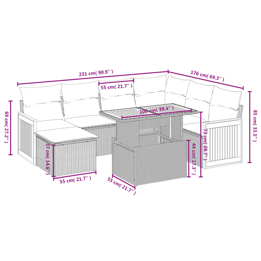 8 Pcs conjunto de sofás p/ jardim com almofadões vime PE bege
