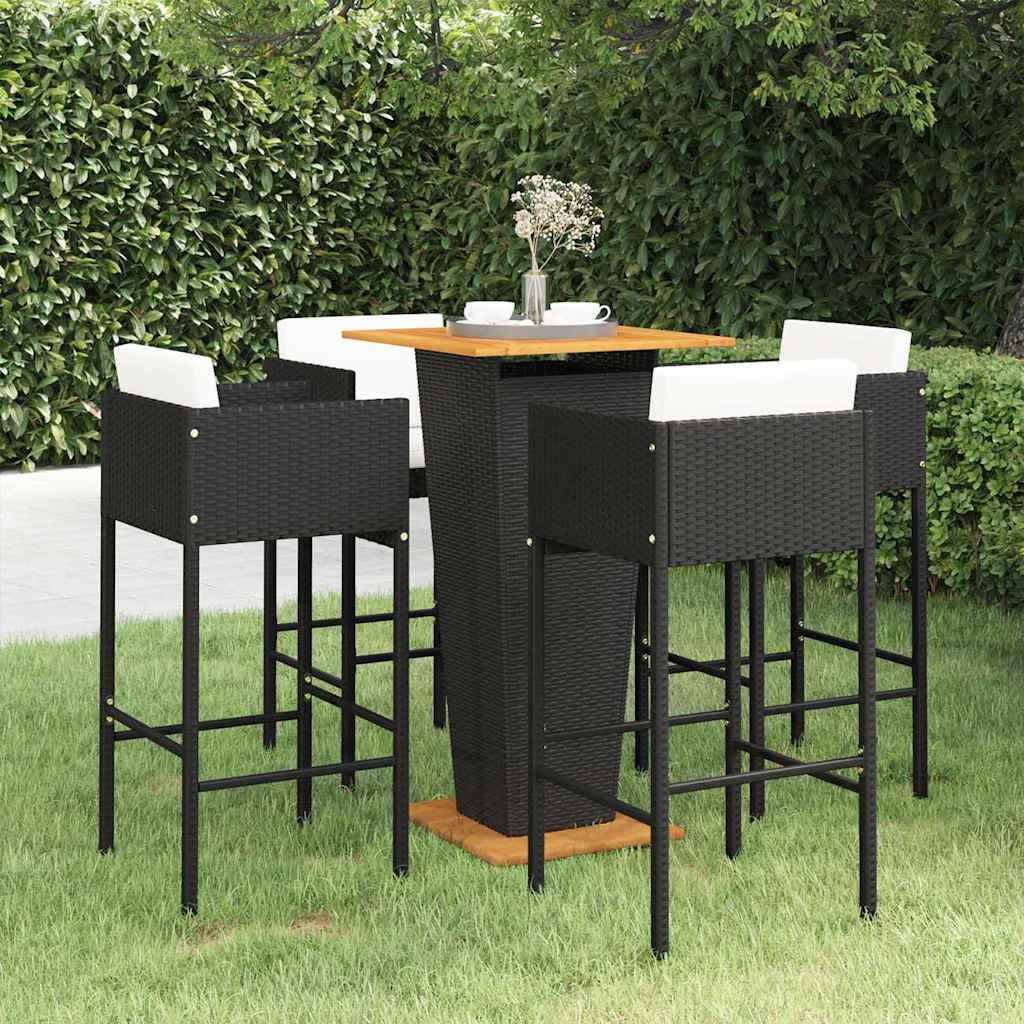 5 Pcs conjunto de bar p/ jardim c/ almofadões vime PE preto