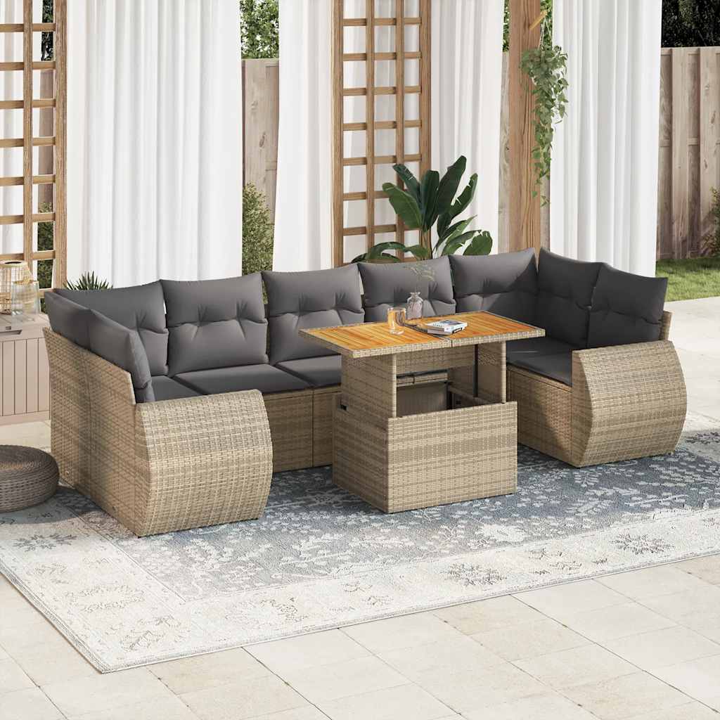 8 Pcs conjunto de sofás p/ jardim com almofadões vime PE bege