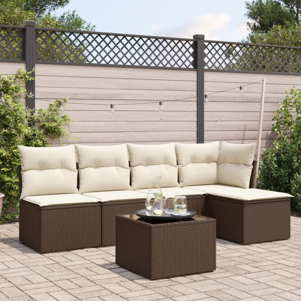 6 Pcs conjunto de sofás jardim c/ almofadões vime PE castanho