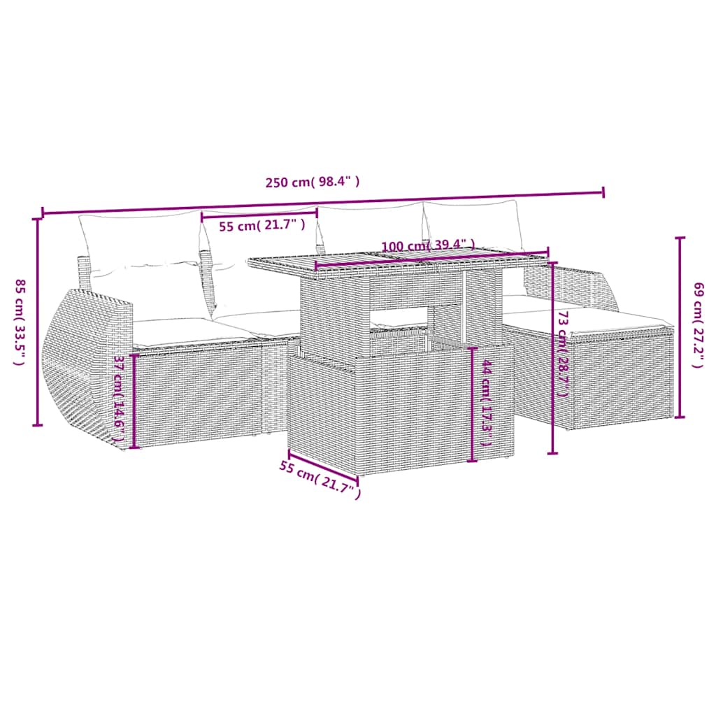 6 Pcs conjunto sofás de jardim c/ almofadões vime PE preto