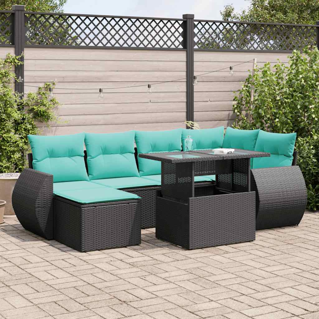 7 Pcs conjunto sofás jardim c/ almofadões vime PE/acácia preto