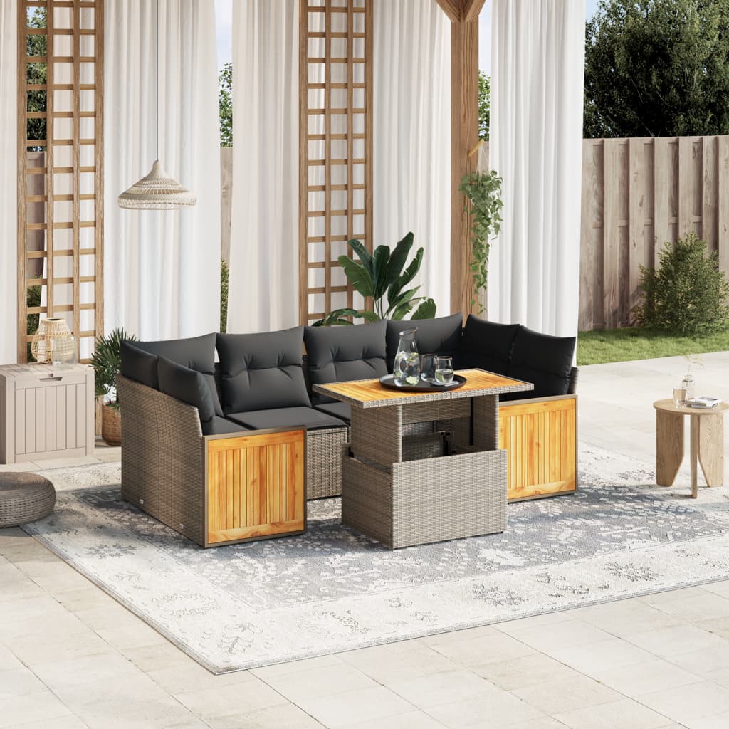 7 Pcs conjunto sofás p/ jardim c/ almofadões vime PE cinzento
