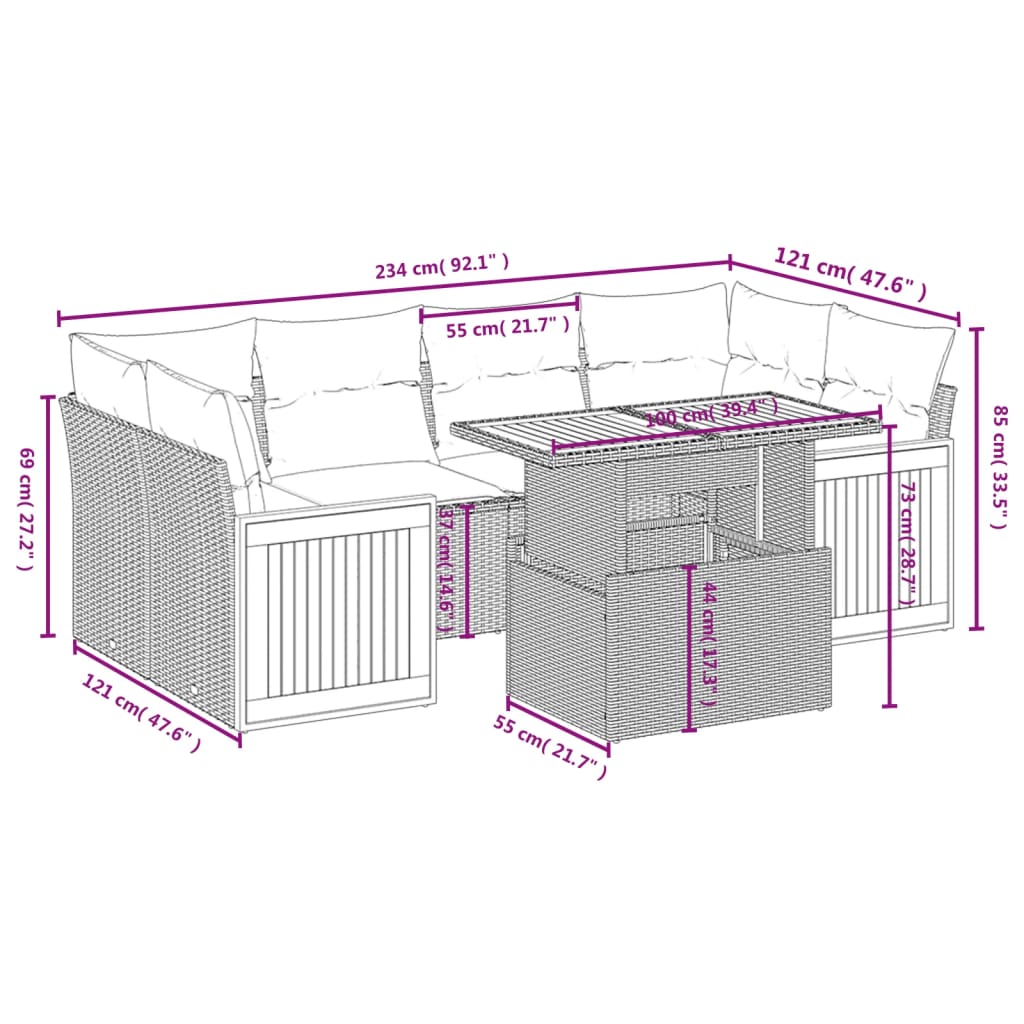 7 Pcs conjunto sofás p/ jardim c/ almofadões vime PE cinzento