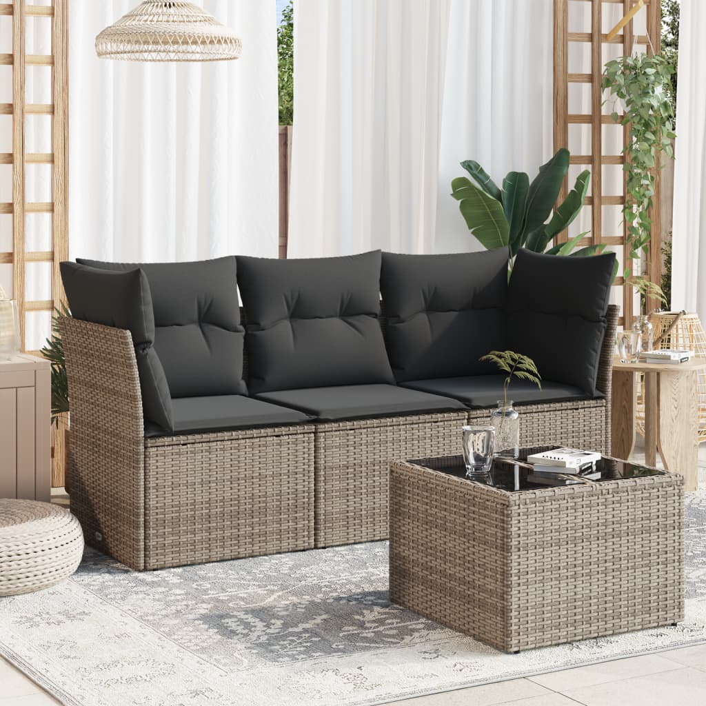4 Pcs conjunto sofás de jardim c/ almofadões vime PE cinzento