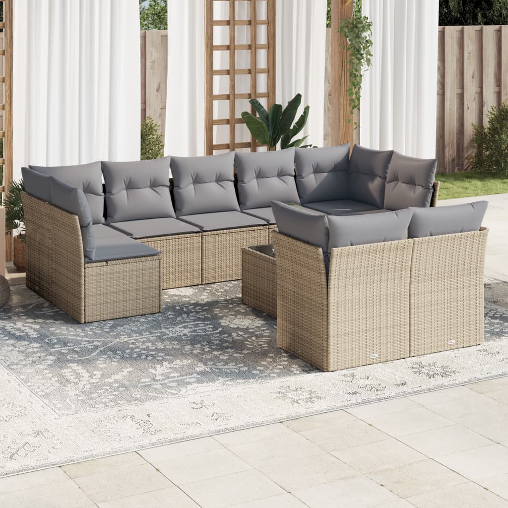 10 Pcs conjunto de sofás p/ jardim com almofadões vime PE bege