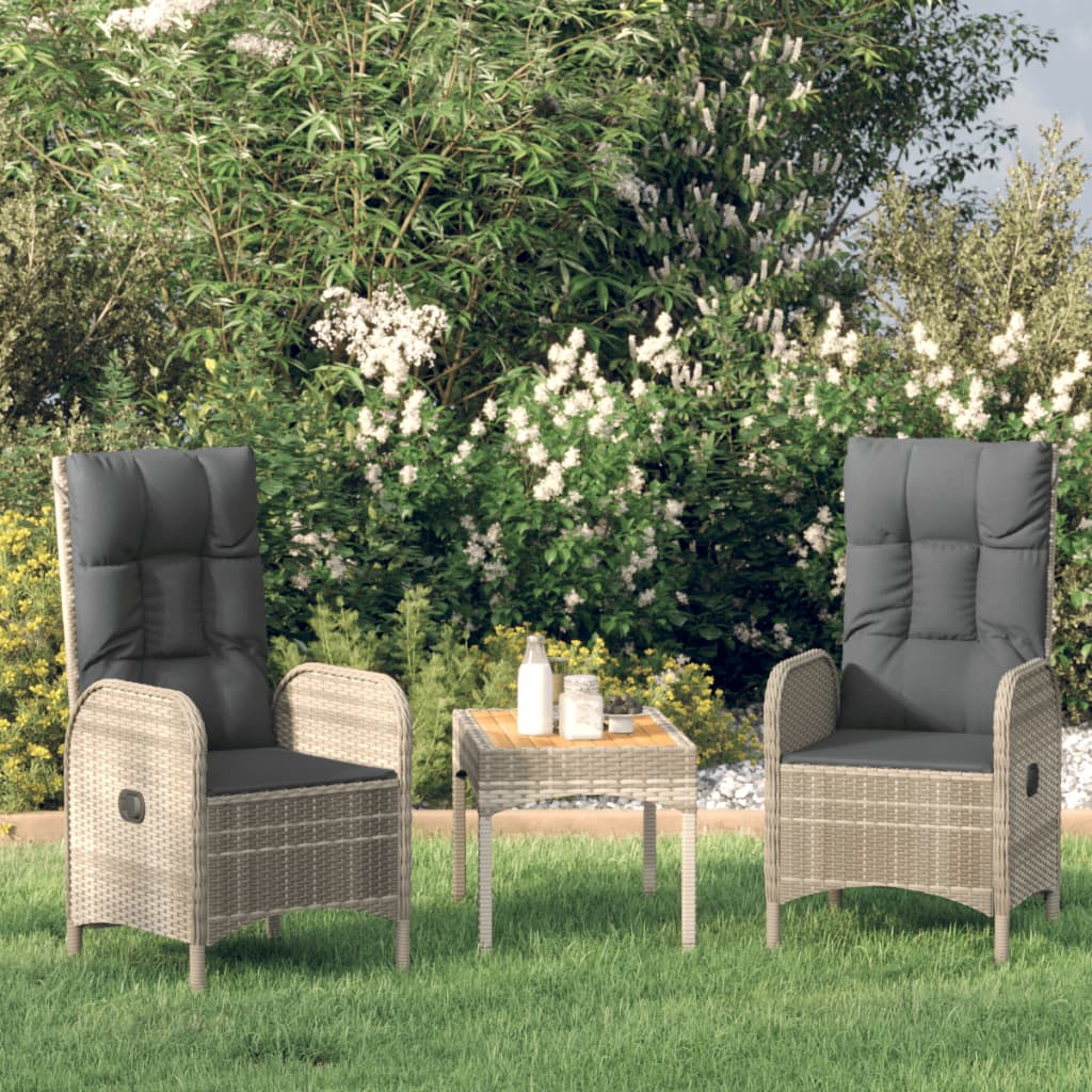 3 Pcs conjunto lounge de jardim c/ almofadões vime PE cinzento