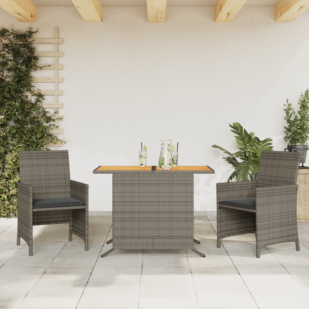 3 Pcs conjunto bistrô com almofadões vime PE cinza