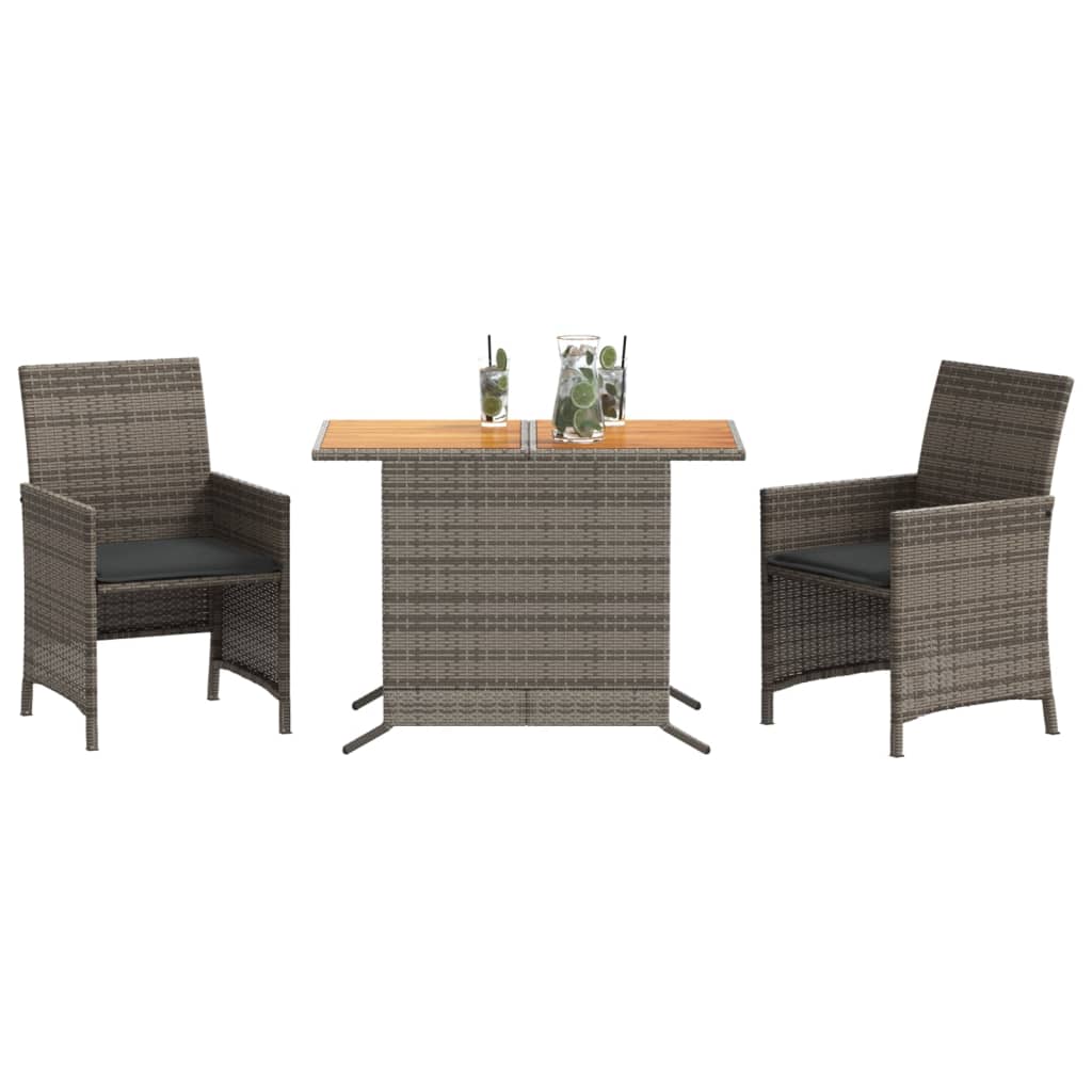 3 Pcs conjunto bistrô com almofadões vime PE cinza