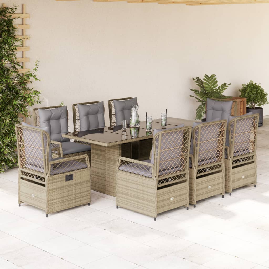 9 Pcs conjunto de jantar p/ jardim com almofadões vime PE bege