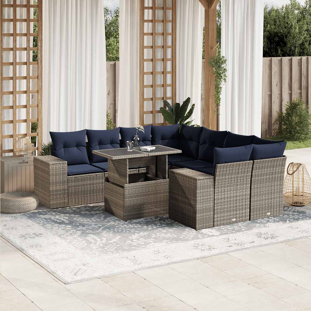 Conjunto de sofá de jardim de 9 peças com almofadas em rattan sintético cinza
